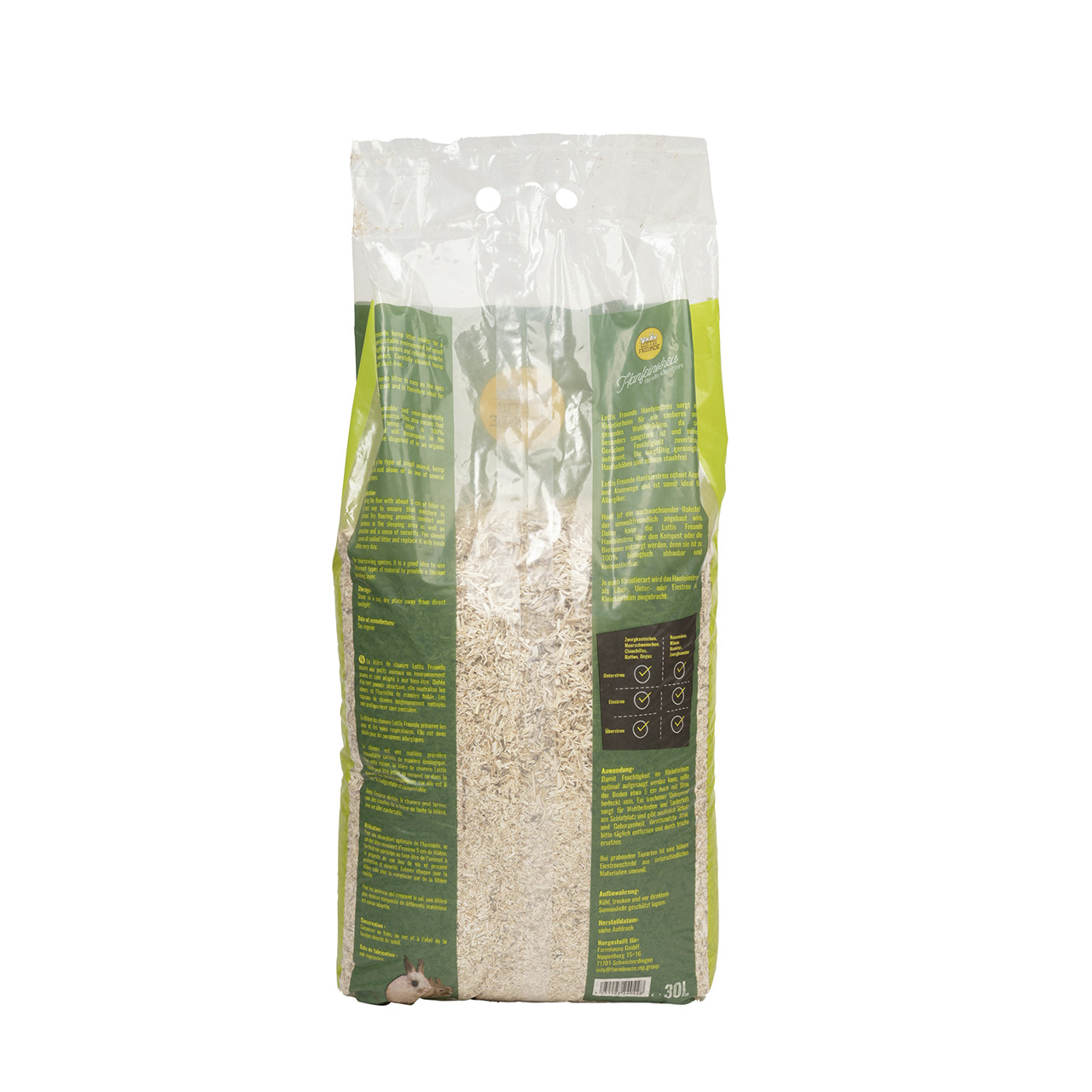 Lottis Freunde Einstreu, 30L, für Kleintiere (Mäuse/Hamster), hygienisch & komfortabel, grüne Rückseite mit Infos.