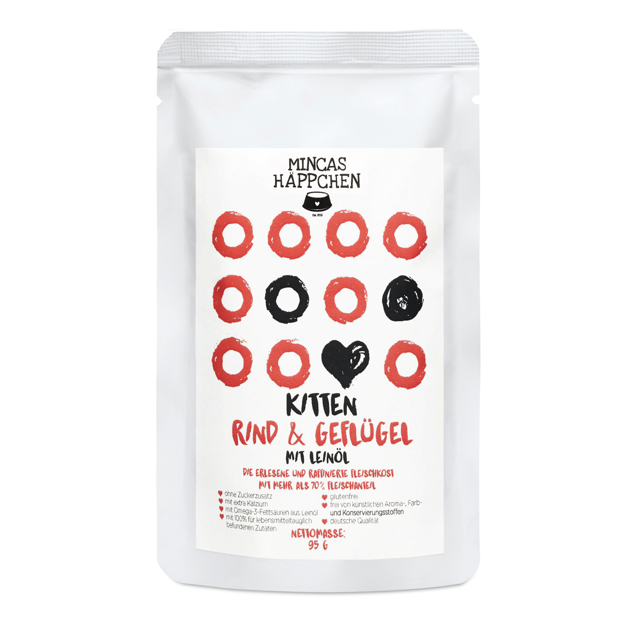 Sparpaket 24 x 95 g Mincas Häppchen Kitten Rind & Geflügel mit Leinöl Katzen Nassfutter