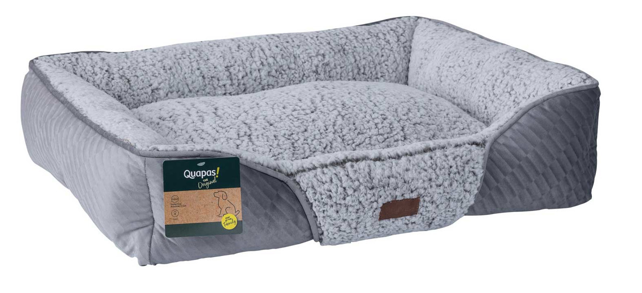 Quapas! Hundebett, weich, grau, für Hunde aller Größen, flauschig, gepolstert, „Für Hunde“-Etikett, ideal für Ruhephasen.