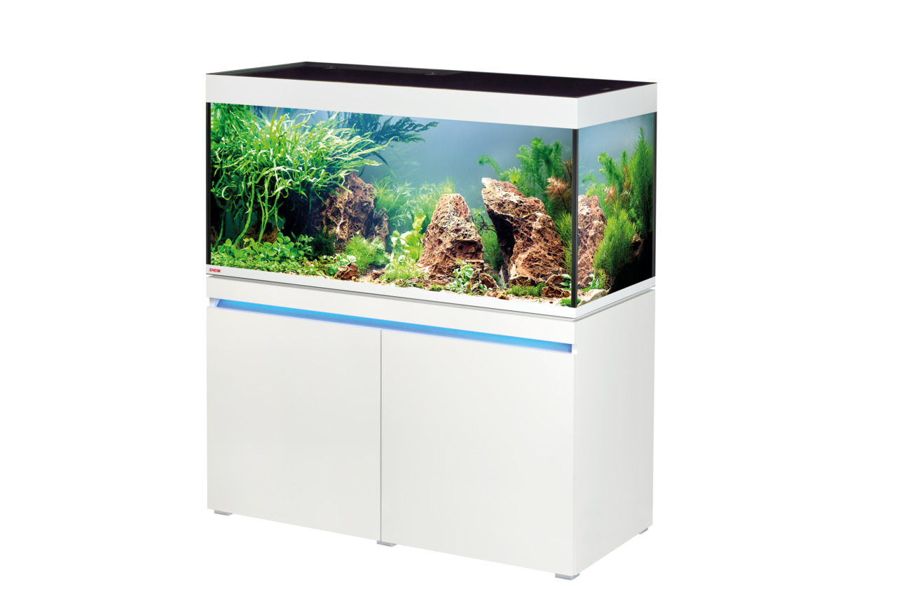 EHEIM incpiria 300, Aquarium f. Aquaristik-Fans, m. weißem Unterschrank, f. Süßwasserfische, modernes Design, Pflanzen+Steine.
