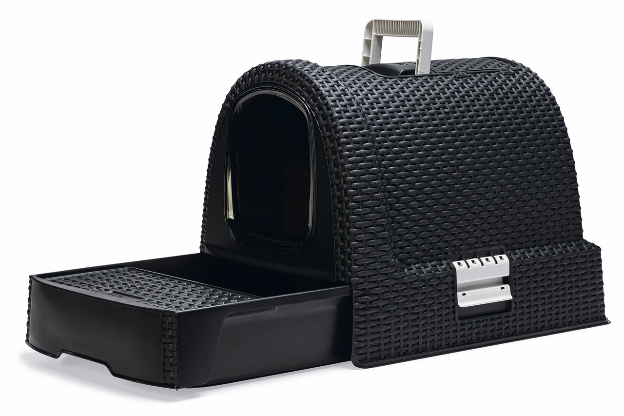 Curver Katzentoilette Schwarz, Rattan-Design, für Katzen, mit Schublade zur Reinigung & Tragegriff, Maße/Fassungsvermögen unbekannt.