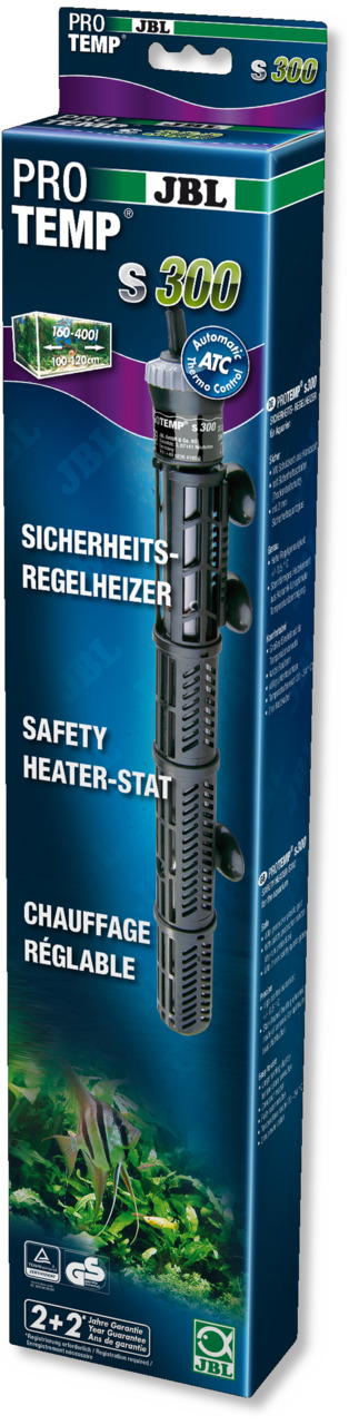 JBL ProTemp S300 Regelheizer, für Aquarien 160-400 l, mit ATC, Schutzgitter, Sicherheitsmerkmale, Unterwasserbild auf Verpackung.