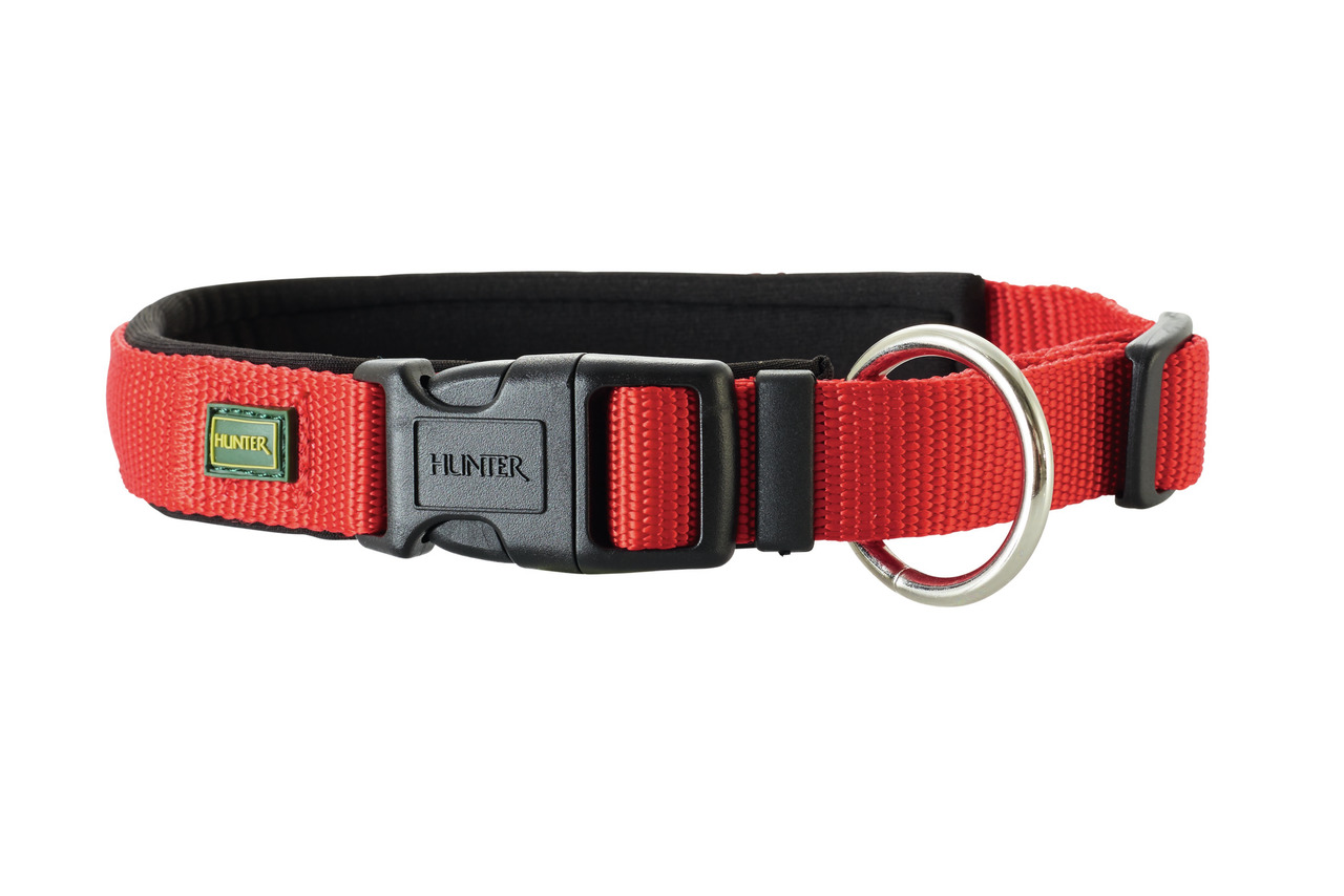 HUNTER Hundehalsband "Neopren", Nylon, Neopren-Polsterung, rot, für alle Hundegrößen, stabiler Klickverschluss, Metallring.