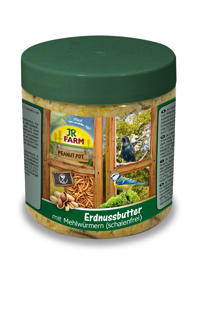 JR FARM Peanut Pot, Erdnussbutter m. Mehlwürmern (schalenfrei), Wildvögel, 350 g, grüner Deckel, Illustration mit Vögeln.