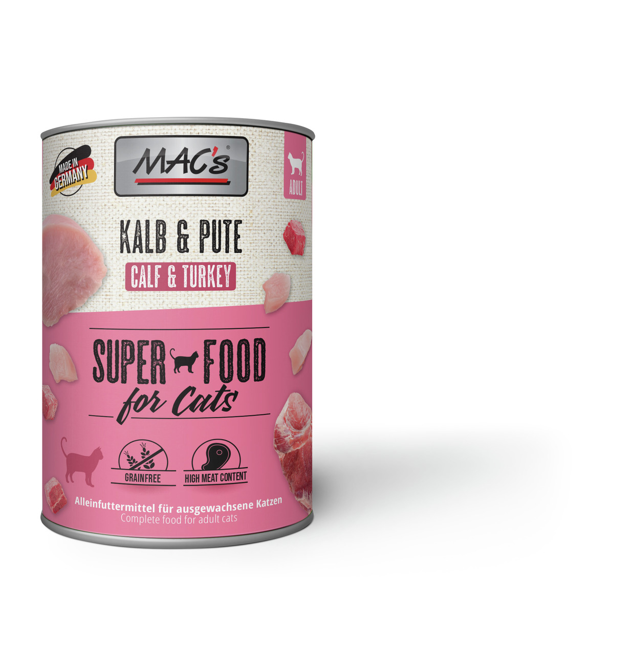MAC's Katzenfutter Kalb & Pute, 400 g, getreidefrei, hoher Fleischanteil, Alleinfutter f. ausgewachsene Katzen, „Super Food for Cats“.