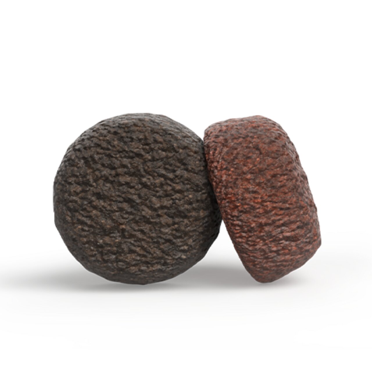 Zwei Kroketten von Josera Trockenfutter für Haustiere in unterschiedlichen Farbtönen, braun und dunkelbraun, nebeneinander.