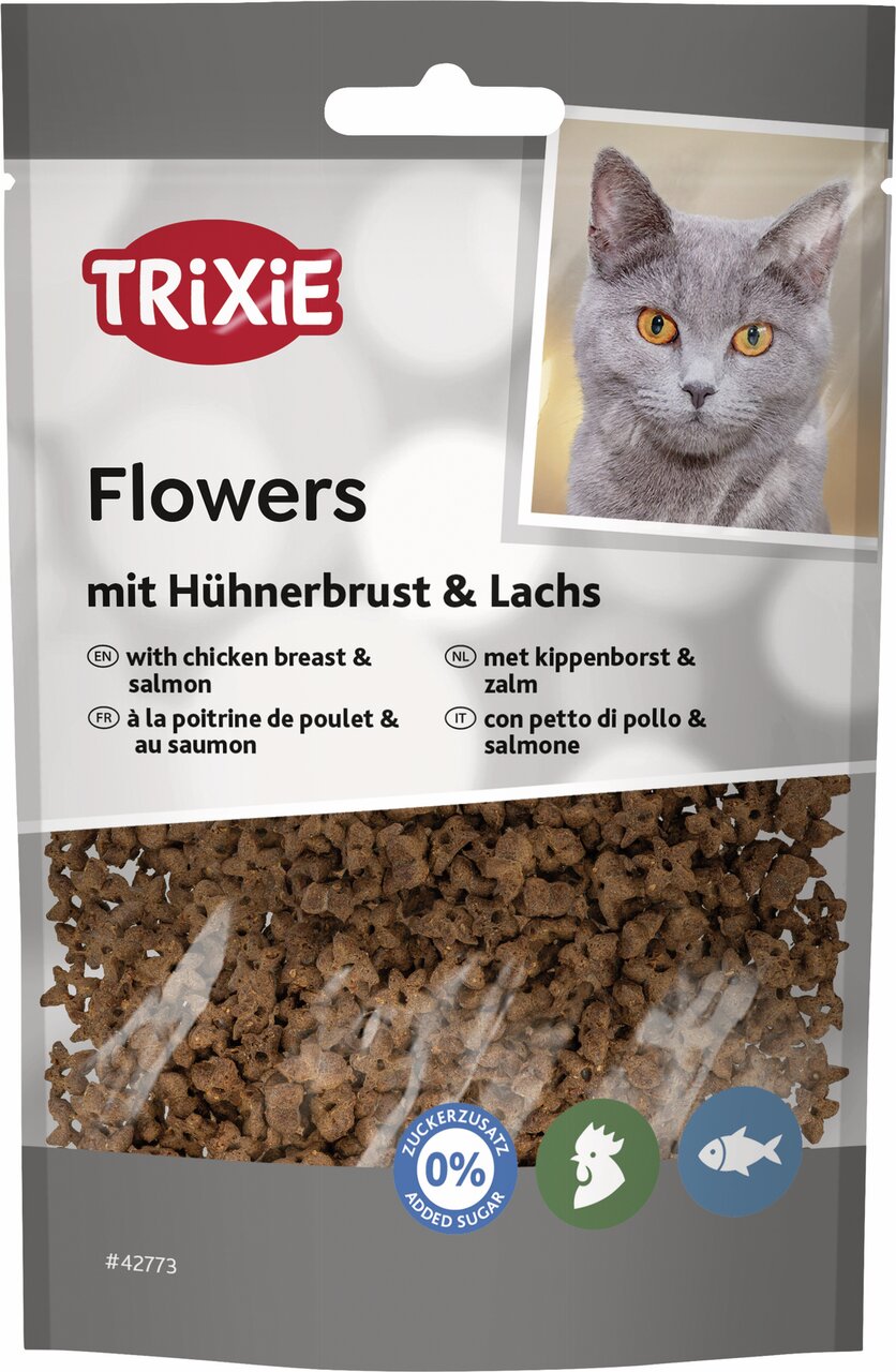 TRIXIE Flowers für Katzen, Geschmacksrichtung Hühnerbrust & Lachs, 50 g, ohne Zuckerzusatz, knusprige Leckerlis.