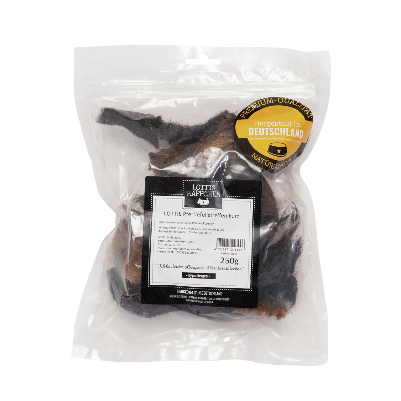 LOTTIS HÄPPCHEN Pferdefellstreifen kurz, hypoallergene Hundesnacks, 250 g, 100 % Pferdefell, Premium-Qualität, hergestellt in Deutschland.