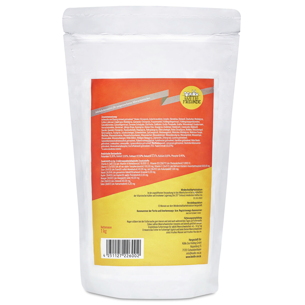 Lottis Freunde Alleinfutter f. ausgew. Meerschweinchen, 1 kg, abgestimmt auf deren Bedürfnisse, mit Zutatenliste u. Nährwertangaben.