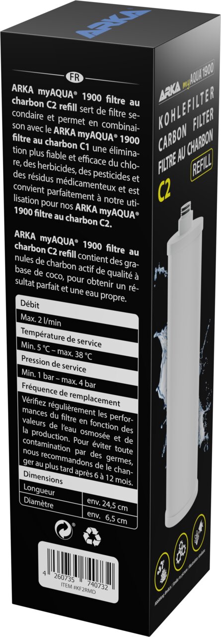 ARKA myAQUA 1900 Carbon C2 Nachfüllfilter für Wasserfilter, Aktivkohle aus Kokos, entfernt Chlor und Pestizide.