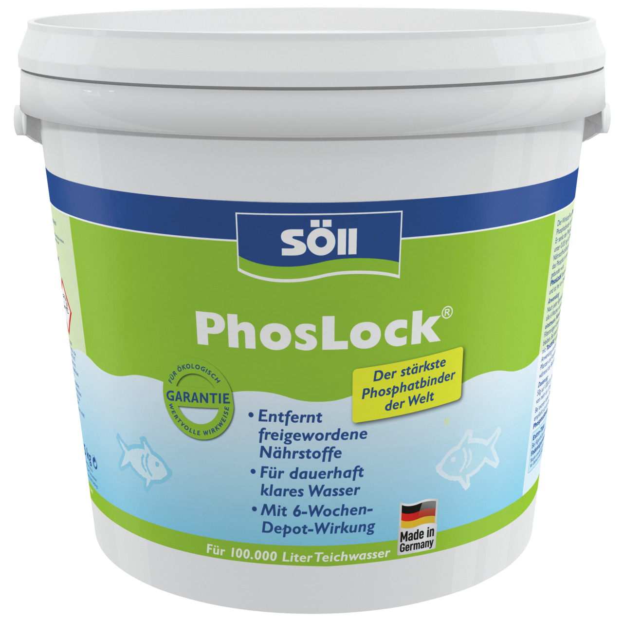 Das Bild zeigt einen weißen Eimer des Produkts „Söll PhosLock“, einem Phosphatbinder für Teichwasser. Der grüne Aufdruck hebt hervor, dass es freigewordene Nährstoffe entfernt, für dauerhaft klares Wasser sorgt und eine 6-Wochen-Depot-Wirkung bietet. Geei