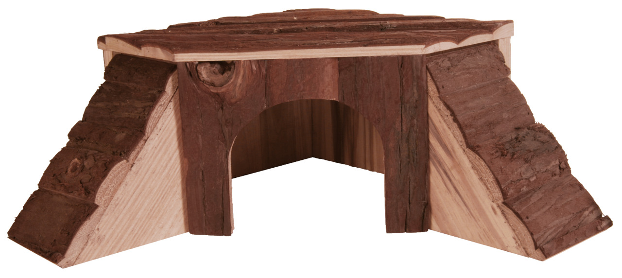 Das Bild zeigt das TRIXIE Naturholz-Haus für Kleintiere, geeignet für Hamster, Mäuse und andere kleine Nager. Es besteht aus unbehandeltem Holz mit einer natürlichen Rindenoptik und bietet eine Höhle sowie Kletterflächen. Perfekt für artgerechte Haltung u