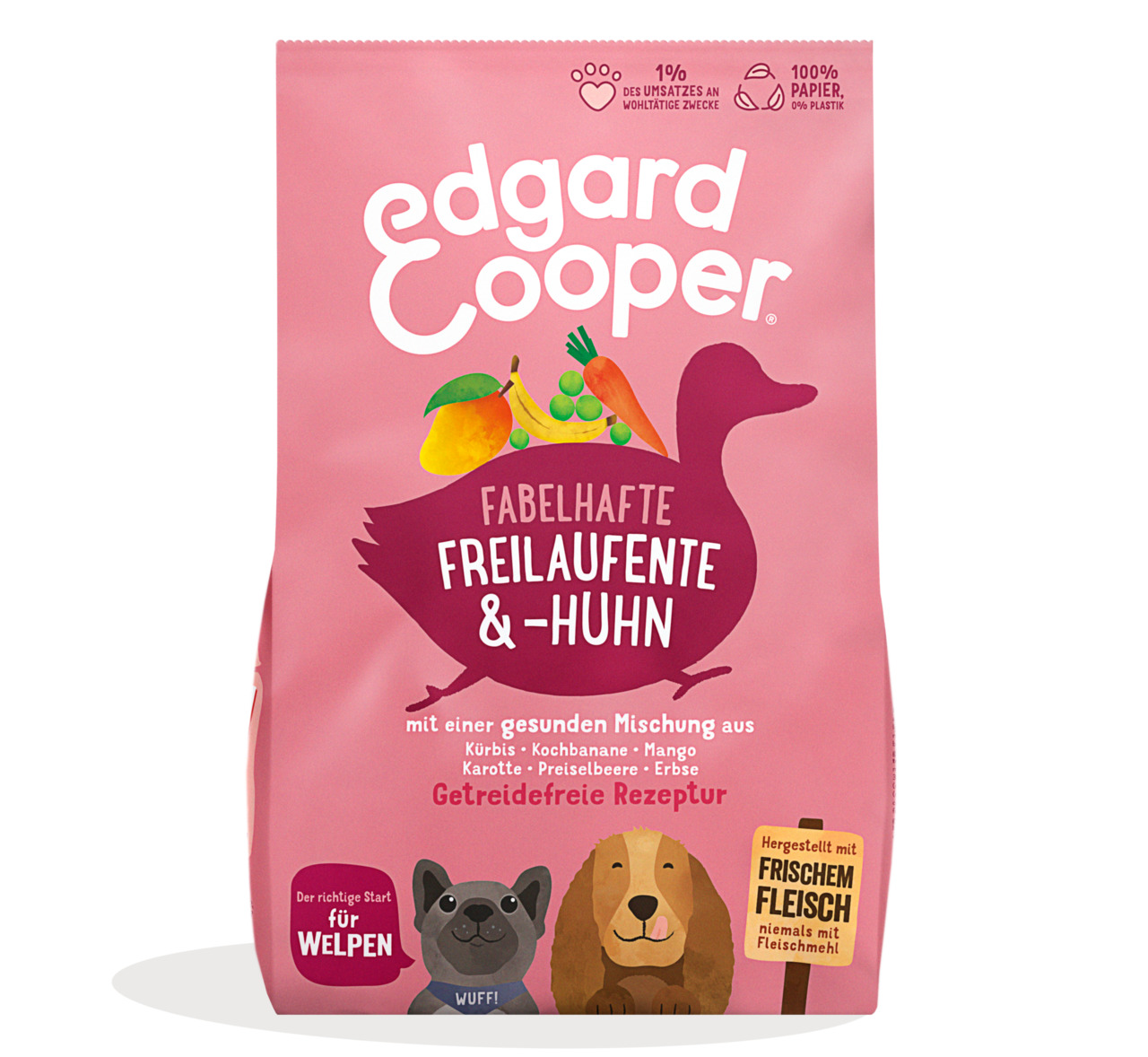 Edgard & Cooper Trockenfutter Welpen, Freilaufente & -Huhn, getreidefrei, frisches Fleisch, Kürbis, Mango, 100 % Papier, plastikfrei.