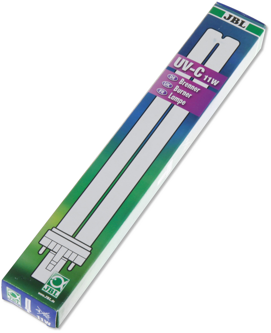 Das Bild zeigt die Verpackung der JBL UV-C 11W Lampe, geeignet für Aquarien und Teiche. Die Zielgruppe sind Aquarien- und Teichbesitzer. Die Lampe dient zur Wasserklärung durch UV-C-Strahlung, die Keime und Algen reduziert. Die Verpackung ist grün-blau ge