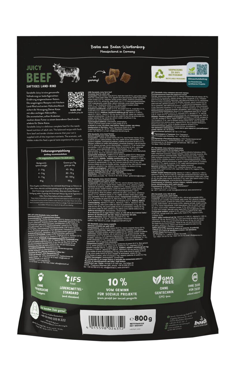 Das Bild zeigt die Rückseite einer Verpackung des Katzenfutters „Sanabelle Juicy Beef“ der Marke Sanabelle. Es handelt sich um ein Premium-Trockenfutter mit der Geschmacksrichtung saftiges Land-Rind, speziell für Katzen. Die Verpackung enthält 800 g und i