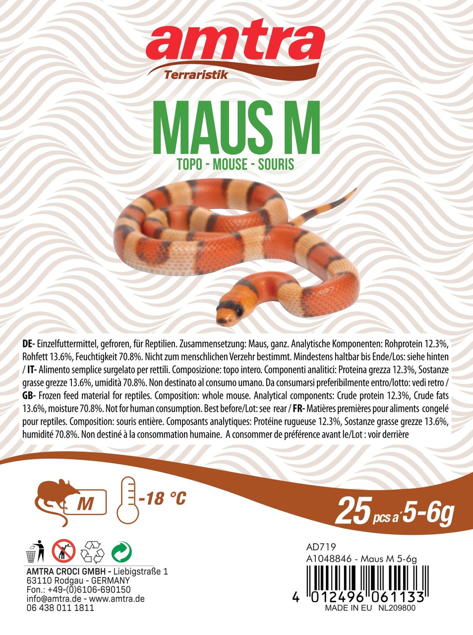 Das Bild zeigt das Produkt „amtra Terraristik Maus M“, ein gefrorenes Einzelfuttermittel für Reptilien. Es handelt sich um ganze Mäuse mit einem Gewicht von 5–6 g pro Stück, verpackt in einer Menge von 25 Stück. Die Marke „amtra“ richtet sich an Reptilien