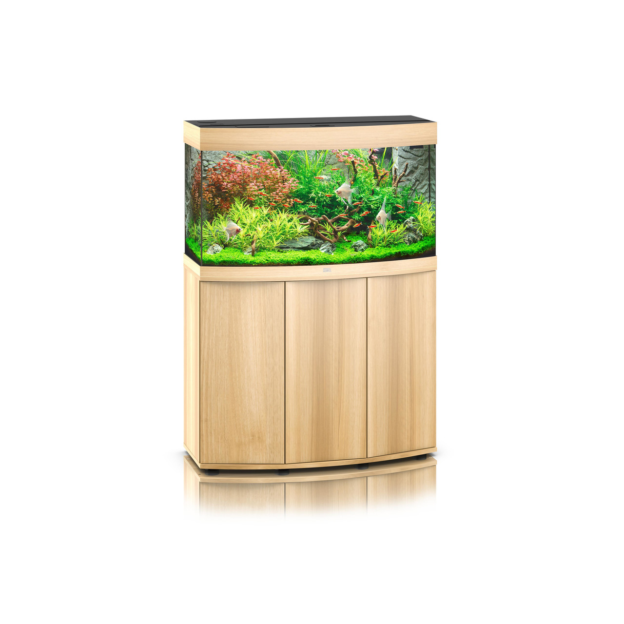 Das Bild zeigt das JUWEL Vision 260 LED Aquarium mit passendem Unterschrank in heller Holzoptik. Das Aquarium hat ein gebogenes Frontglas, das eine beeindruckende Tiefenwirkung erzeugt. Es ist mit üppiger, grüner Bepflanzung und mehreren Zierfischen ausge