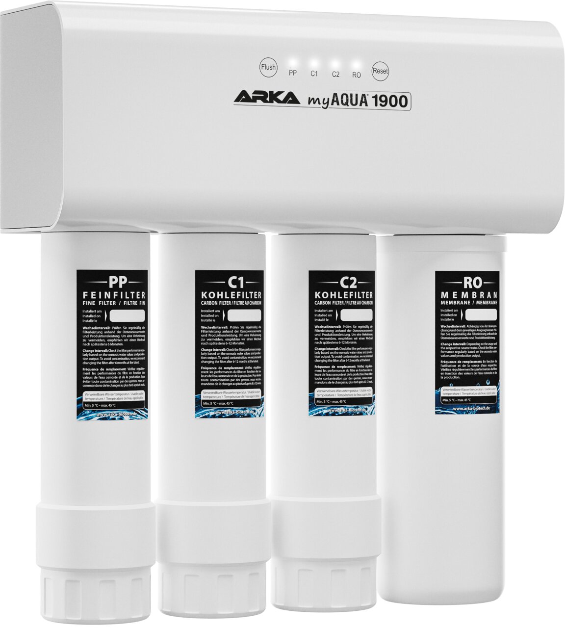 ARKA myAQUA 1900 Umkehrosmoseanlage für Aquarien, Wasserfilter mit PP-, C1-, C2-Kohlefilter und RO-Membran.