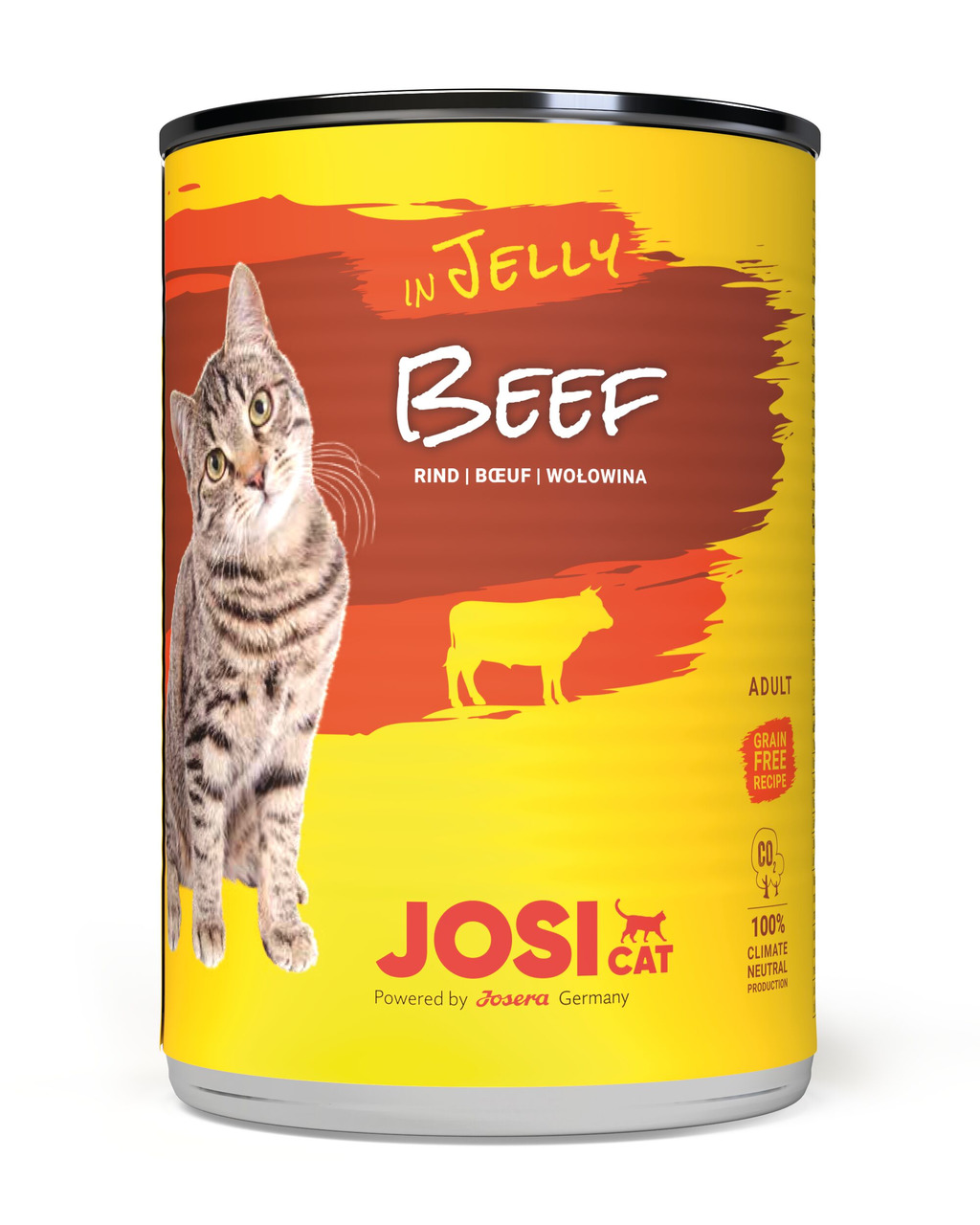 Josera JosiCat Beef in Jelly, für erw. Katzen, Rind in Gelee, getreidefrei, klimaneutral, gelbe Dose, Katze+Rind-Silhouette.