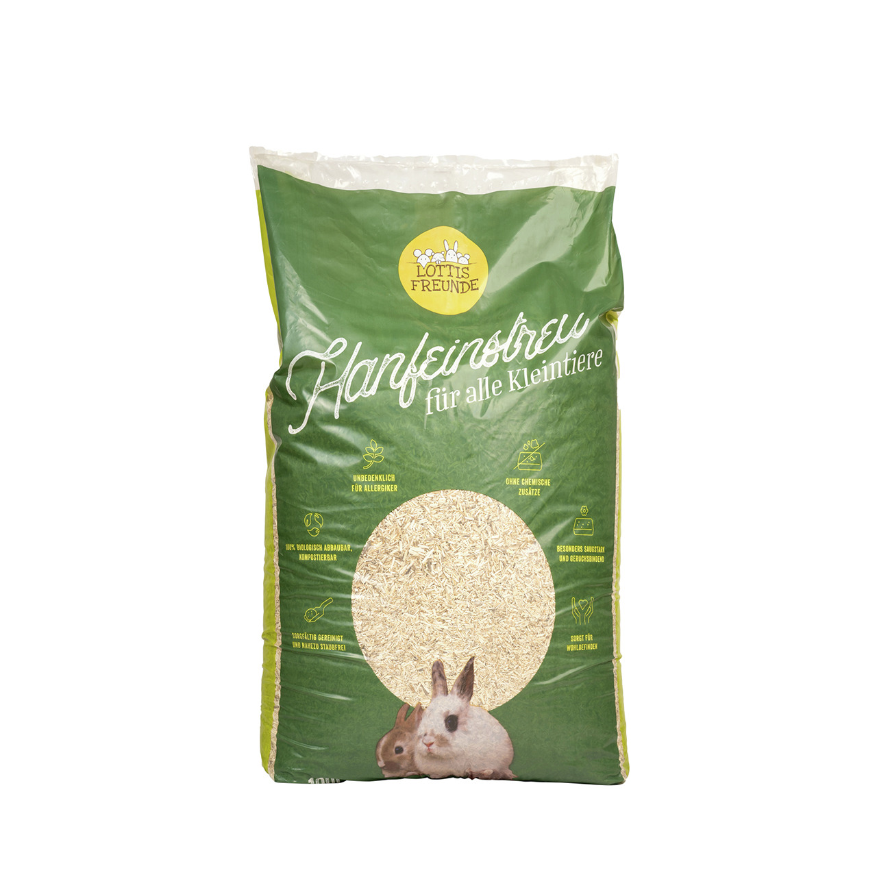 Das Bild zeigt eine grüne Verpackung des Produkts „Lottis Freunde Hanfeinstreu für alle Kleintiere“. Die Zielgruppe sind Kleintiere wie Kaninchen, Hamster oder Meerschweinchen. Die Einstreu ist staubarm, geruchsbindend und ohne chemische Zusätze. Auf der 