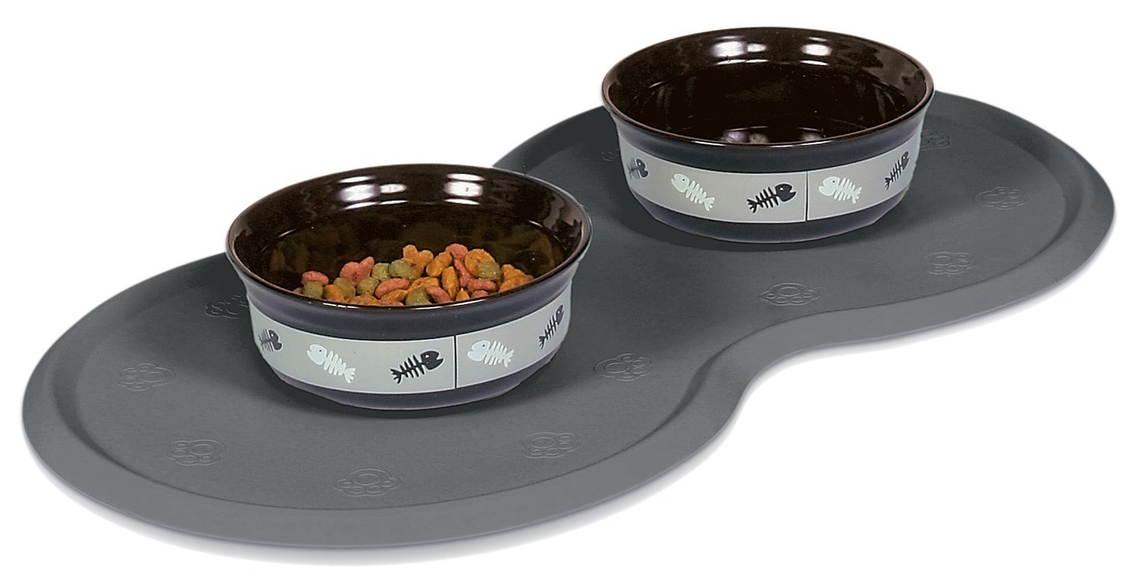 Zwei Futternäpfe der Marke TRIXIE für Katzen, präsentiert auf einer grauen, rutschfesten Unterlage. Die Näpfe sind aus Keramik und mit Fischgrätenmotiven verziert. Einer der Näpfe enthält Trockenfutter. Ideal für Katzenbesitzer, die Wert auf stilvolle und