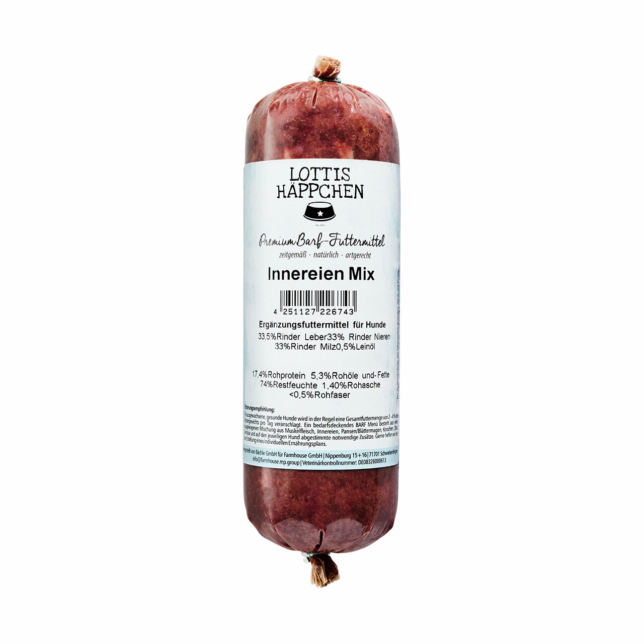 Lottis Häppchen Innereien Mix, Ergänzungsfutter f. Hunde (BARF): 33,3% Rinderleber, 33% Nieren, 33% Milz, 0,5% Leinöl.