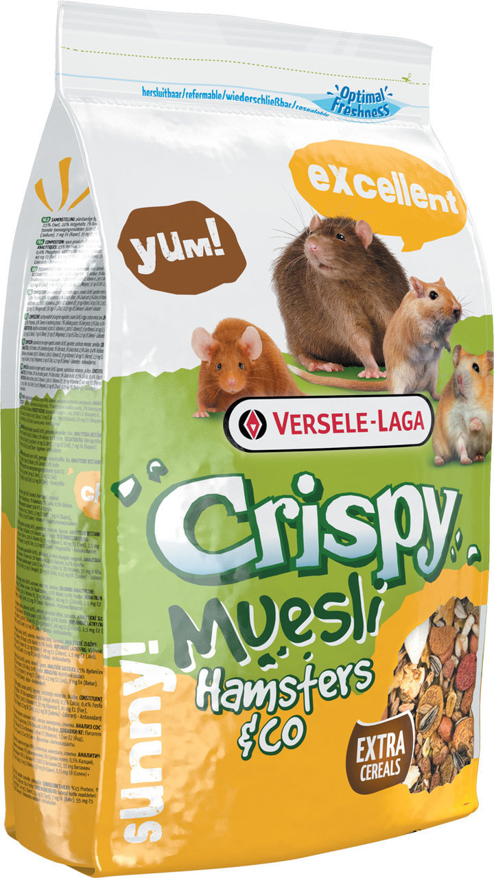 Versele-Laga Crispy Muesli Hamsters & Co, Futter f. Hamster & kl. Nager, m. extra Cerealien, wiederverschließbar, 1 kg.