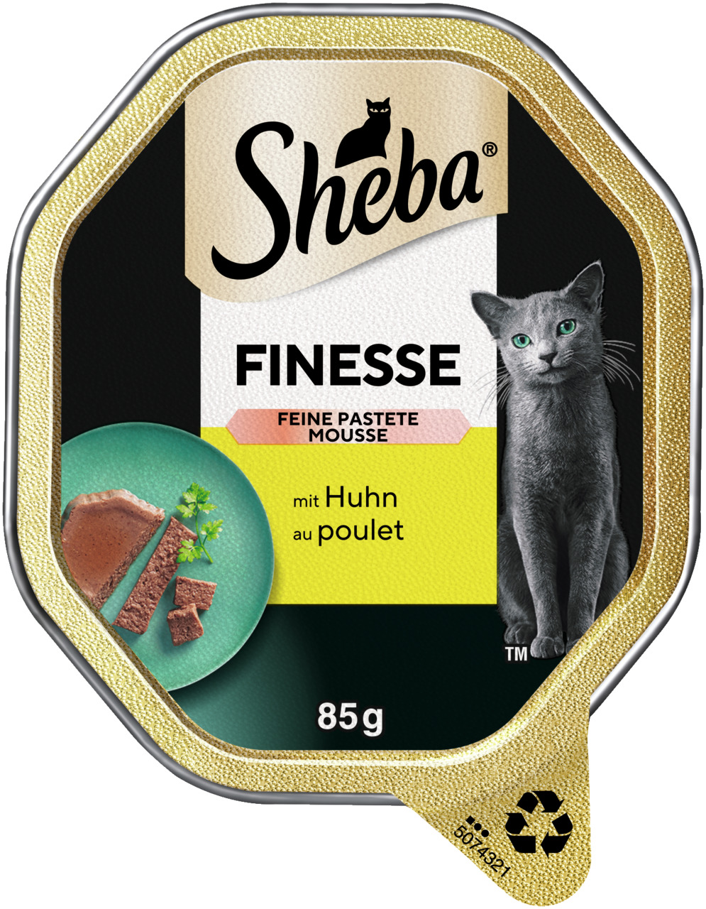 Das Bild zeigt eine Verpackung des Katzenfutters „Sheba Finesse Feine Pastete Mousse“ mit der Geschmacksrichtung Huhn. Die Verpackung ist goldfarben mit schwarzem Hintergrund und zeigt eine Abbildung eines grauen Katzenkopfes sowie eine grüne Schale mit s