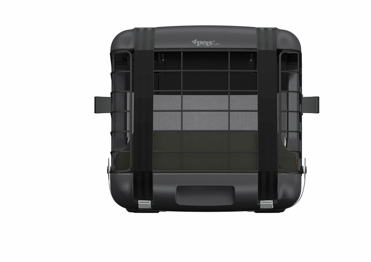 4pets ProLine Hundetransportbox, schwarz, für mittelgroße Hunde, sicherer Autotransport, robust, Gittertür, stabile Gurte.