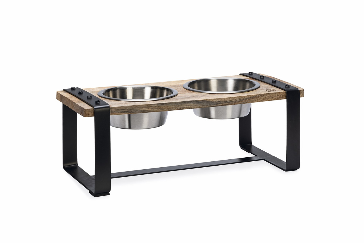 Futternapf-Set „Designed by Lotte“ für Hunde-Katzen, 2 Edelstahl-Näpfe (je 850 ml) im Holzgestell mit Metallrahmen, ideal für Futter-Wasser.