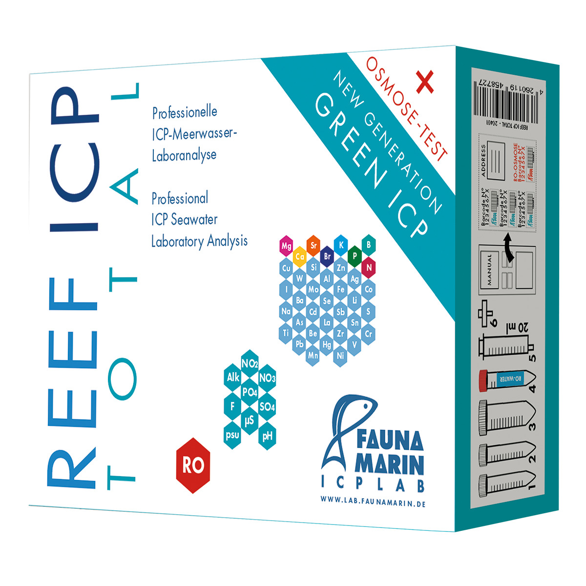FAUNA MARIN REEF ICP TOTAL: Prof. ICP-Meerwasseranalyse f. Aquarienbesitzer, Blau-Weiß, chem. Symbole, EAN 4260119458727.
