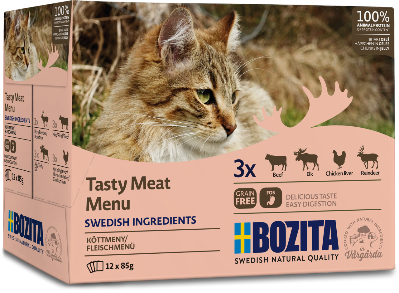 Bozita Tasty Meat Menu Katzenfutter, 12x85g, Rind/Elch/Hühnerleber/Rentier, getreidefrei, fördert Verdauung, schwedische Zutaten.