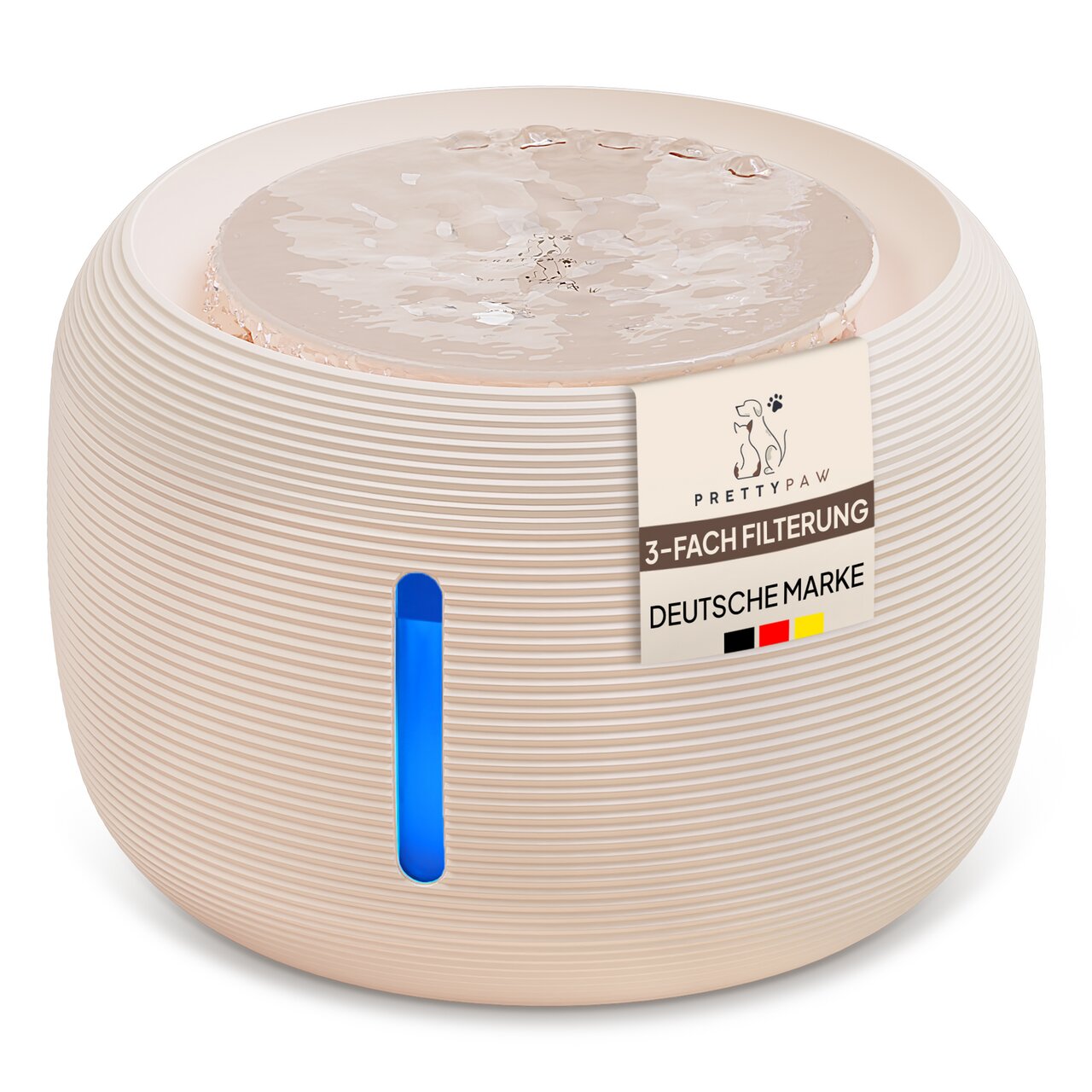 PRETTY PAW Trinkbrunnen für Haustiere mit 3-fach Filterung, beige, deutsche Marke, blau beleuchteter Wasserstandsanzeiger.