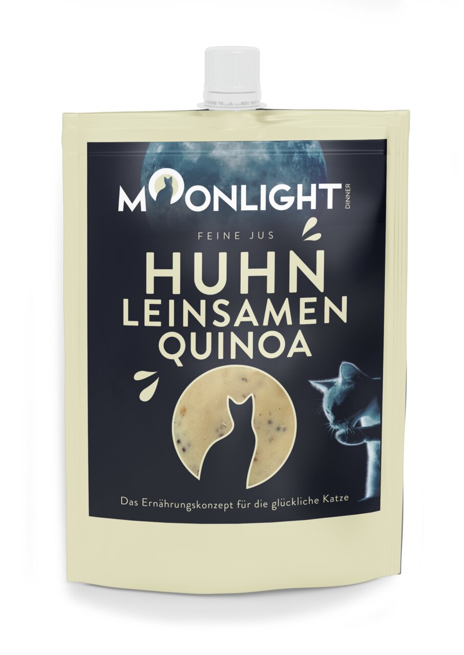 Moonlight-Dinner Feine Jus Huhn, Leinsamen & Quinoa für Katzen, 85 g, nahrhaftes Futter für eine glückliche Katze.