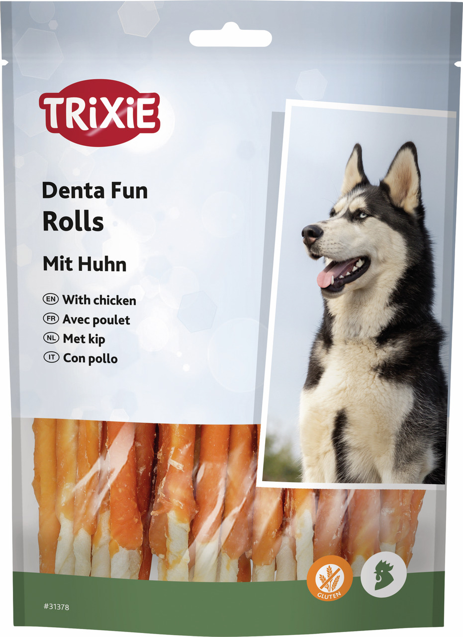TRIXIE Denta Fun Rolls mit Huhn, Kaustangen f. Hunde, glutenfrei, Zahnpflege+Belohnung, Husky auf Packung, Menge sichtbar.