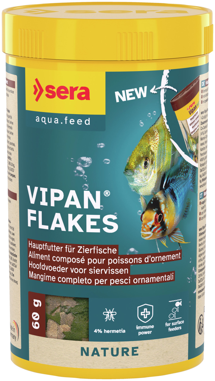 sera Vipan Flakes Nature, Hauptfutter für Aquarienfische (Oberflächenfresser), 60 g, mit 4 % Hermetia, stärkt Immunabwehr.