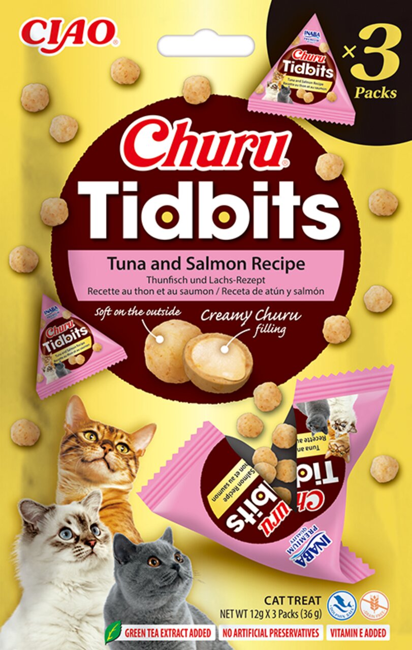 CIAO Churu Tidbits für Katzen, Thunfisch- und Lachs-Rezept, cremige Füllung, 3 x 12 g, mit Grüntee-Extrakt und Vitaminen.