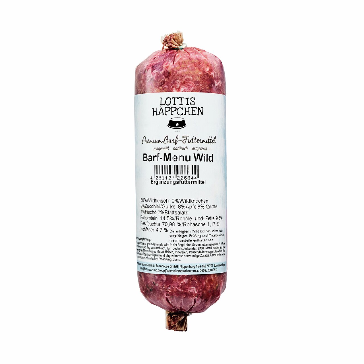 Lottis Häppchen Barf-Menu Wild: Premium-BARF für Hunde, Wild (60 % Fleisch, 3 % Knochen, Gemüse-Obst), 500 g vakuumiert.