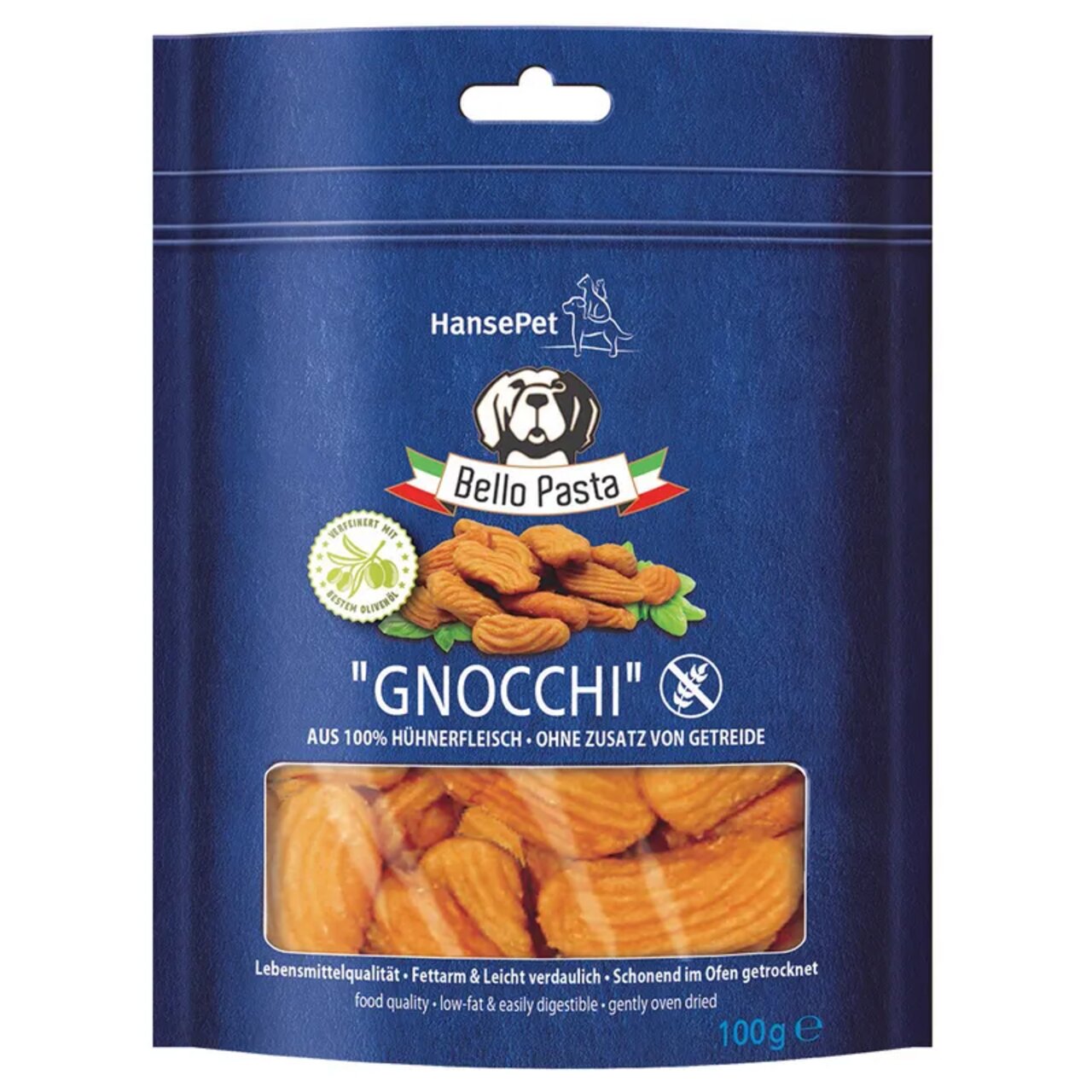 HansePet Bello Pasta "Gnocchi" für Hunde, 100 % Hühnerfleisch, getreidefrei, fettarm, leicht verdaulich, 100 g Packung.