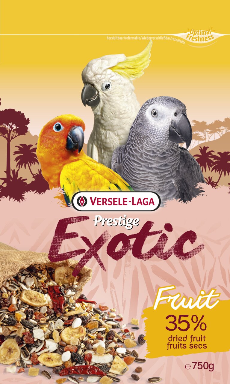 Premium Vogelfutter von Versele-Laga, Prestige Exotic Fruit, für Papageien, fruchtig, mit 35 % Trockenfrüchten, 750 g, wiederverschließbar.