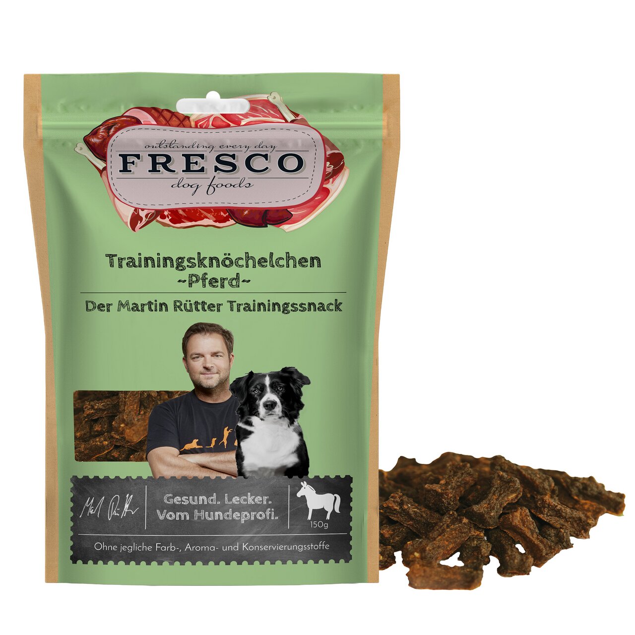 Fresco Trainingsknöchelchen Pferd, Trainingssnack für Hunde, Geschmacksrichtung Pferd, 150 g, ohne Zusatzstoffe.