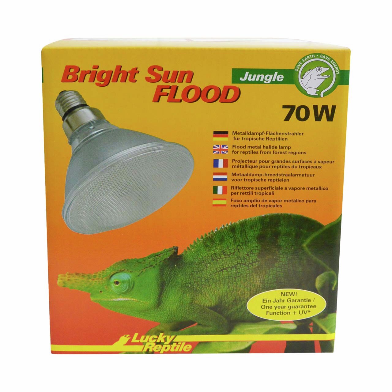 Lucky Reptile Bright Sun Flood Jungle 70W, Metallhalogenlampe für tropische Reptilien, mit UV-Funktion, 1 Jahr Garantie.