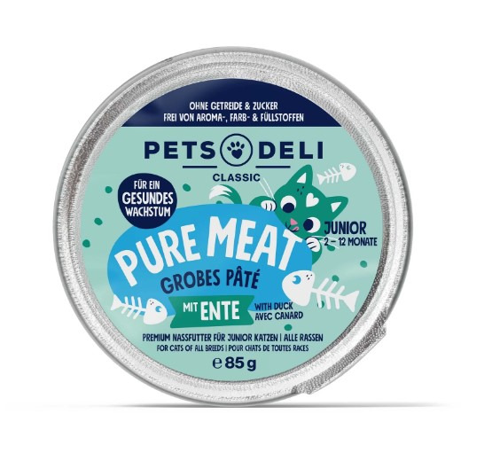 Pets Deli Classic Pure Meat Paté Ente, Junior-Katzen bis 12 Mon., getreide-/zuckerfrei, ohne Zusatzstoffe, 85 g.
