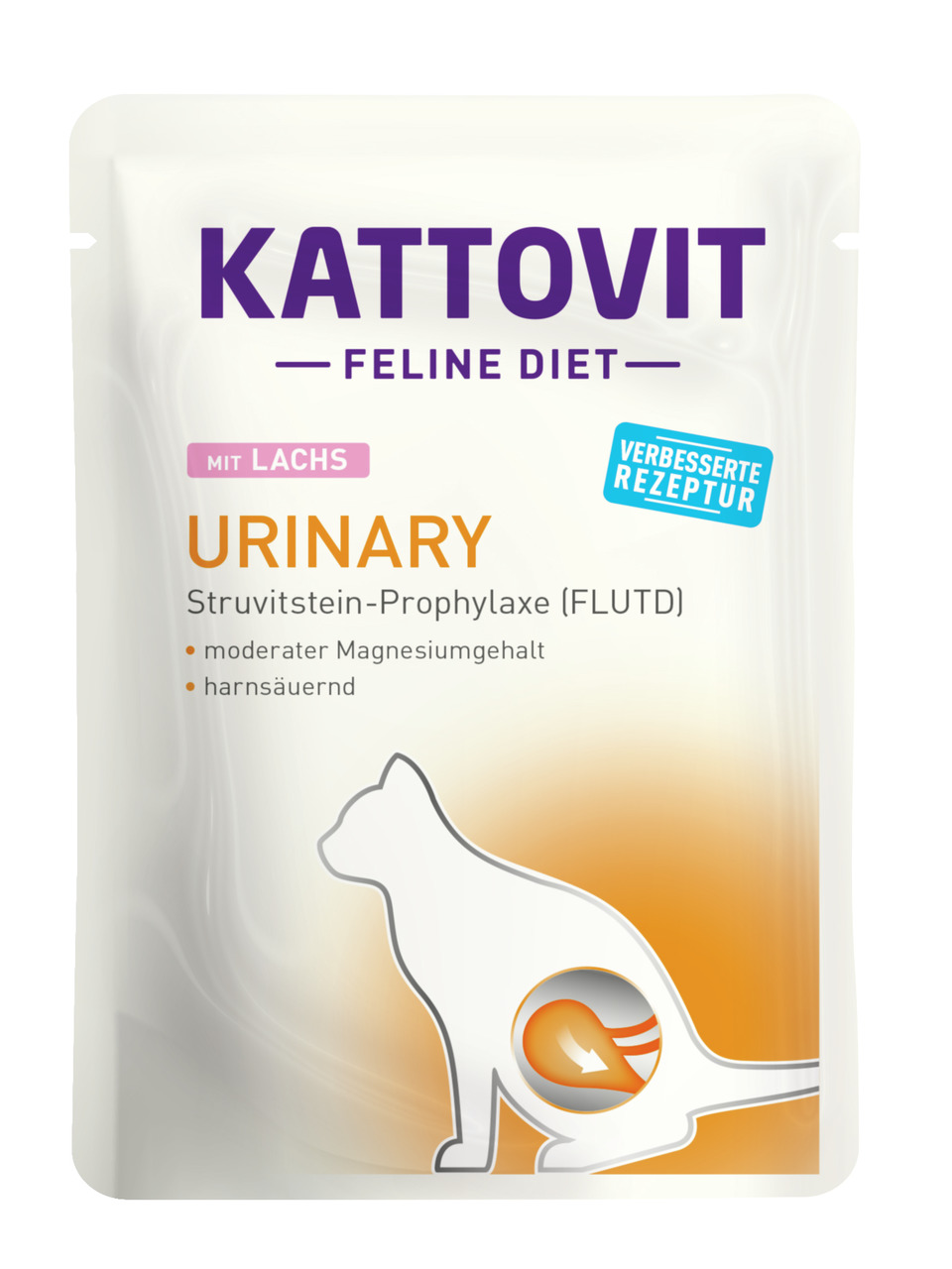 Kattovit Feline Diet Urinary, Lachs, Katzen mit Harnwegserkrankungen, Struvitstein-Prophylaxe, verb. Rezeptur, 85g.