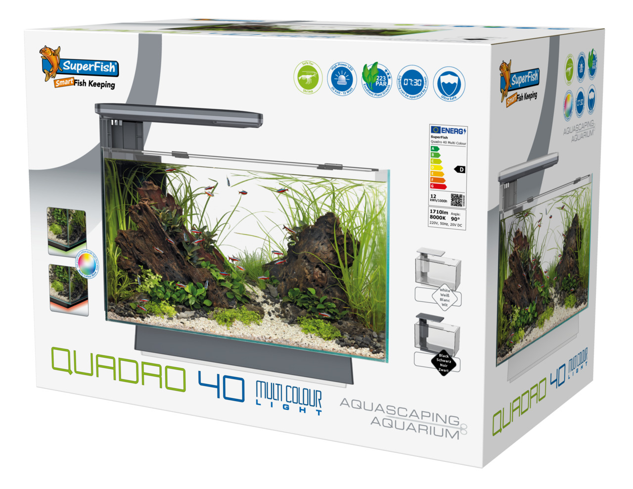 SuperFish Quadro 40 Aquarium, für Süßwasserfische, LED 1710 Lumen-8000K, fördert Pflanzenwachstum, modernes Design, Filtersystem.