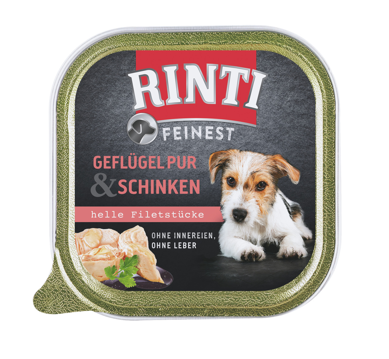 RINTI Feinest Geflügel Pur & Schinken, 185 g, Nassfutter für Hunde, Geflügel+Schinken, ohne Innereien-Leber, hochwertige Proteinquelle.