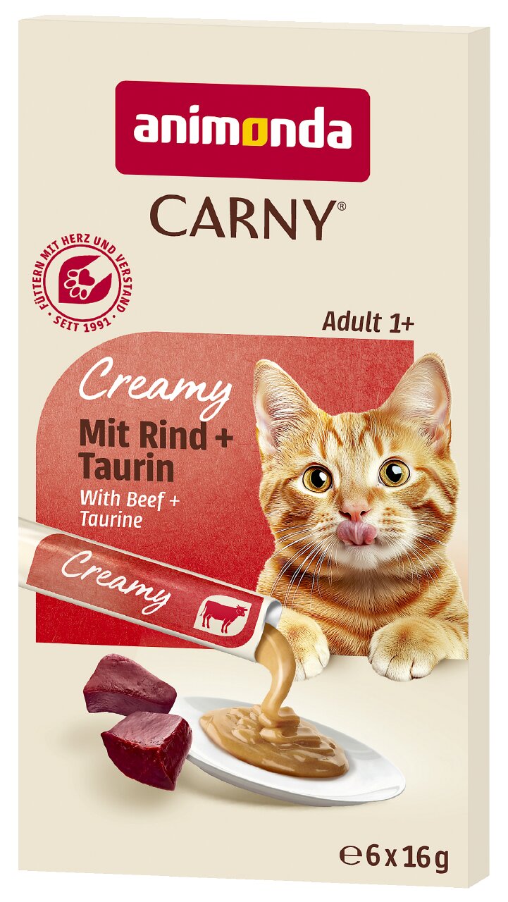 animonda Carny Creamy Katzensnack für adulte Katzen, mit Rind und Taurin, cremig, seit 1991, Inhalt 6 x 16 g.