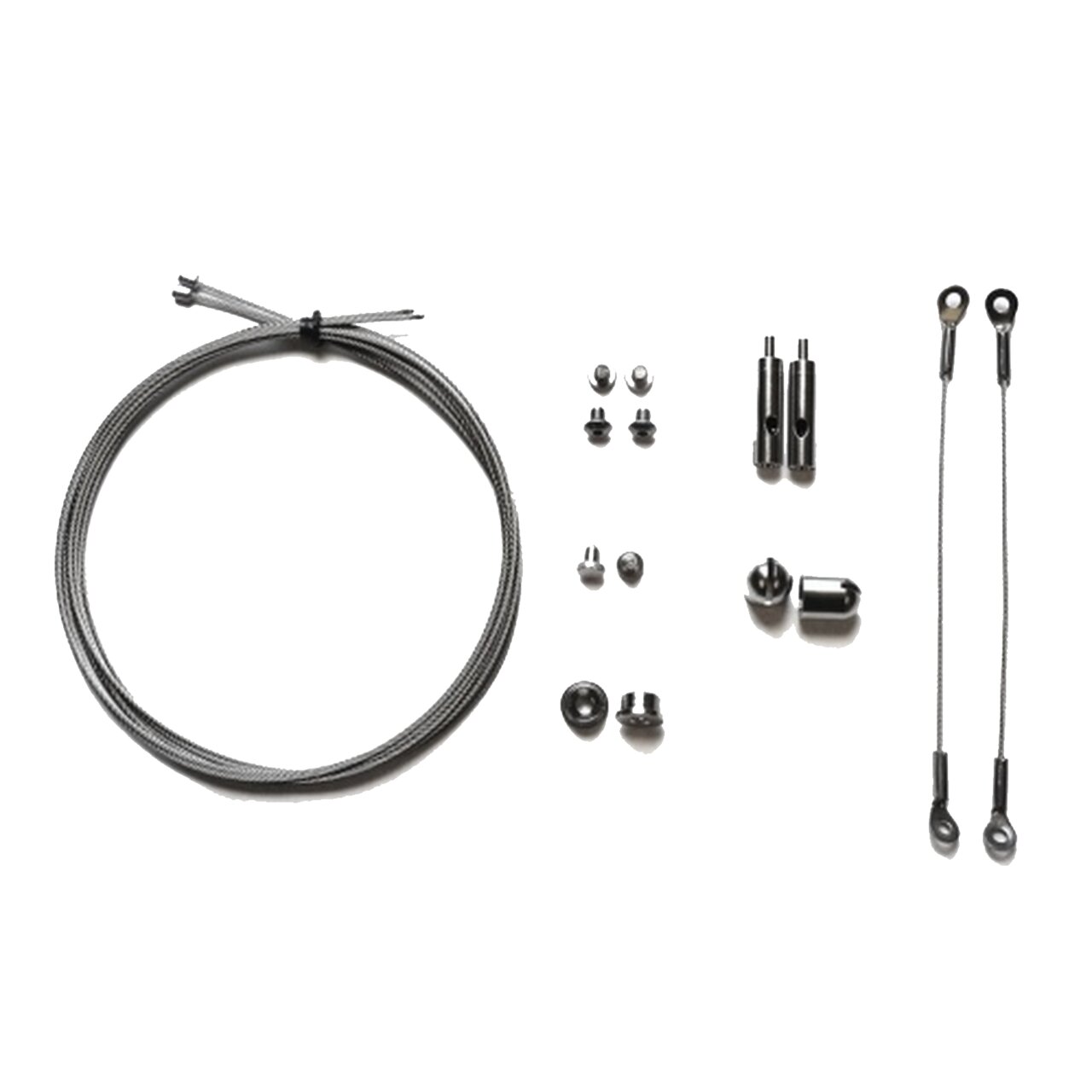 Das Bild zeigt ein Set von Fahrrad-Bremskabeln und Zubehörteilen der Marke Ecotech. Es umfasst ein langes, aufgerolltes Bremskabel, mehrere Endkappen, Schrauben und Befestigungselemente sowie zwei kürzere Kabel mit Ösen. Das Set ist für die Reparatur oder