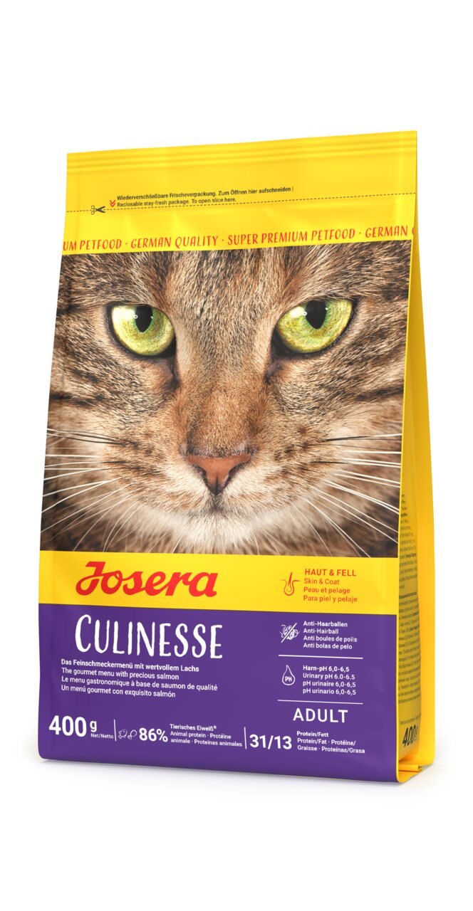 Josera Culinesse Katzentrockenfutter für erwachsene Katzen, Geschmack Lachs, anti-Haarballen, Haut & Fell, 400 g.