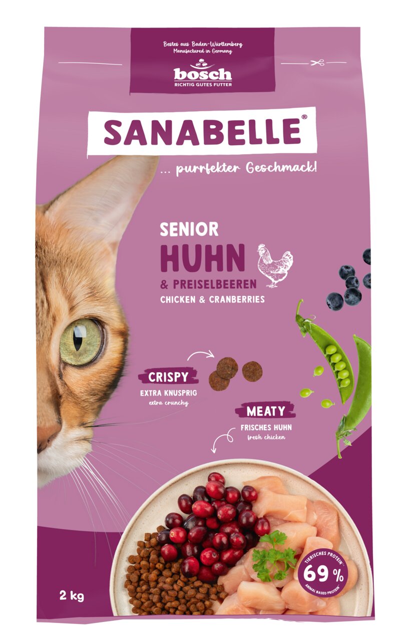 Sanabelle Senior Huhn & Preiselbeeren von Bosch, für ältere Katzen, 2 kg, knusprig, fleischhaltig, 69 % tierisches Protein.